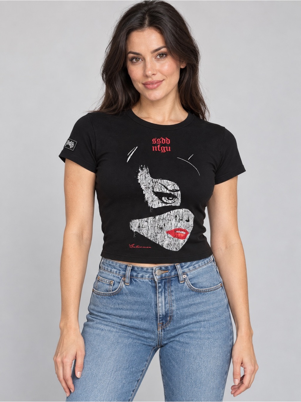 #1065 Darc Sport x Batman Catwoman I Tried to Save You Baby Tee Black M NWT